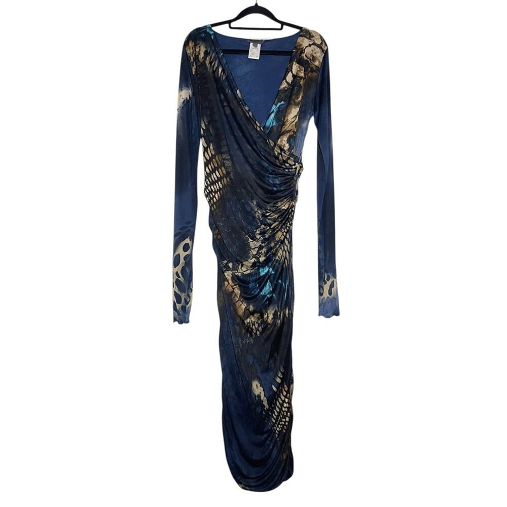 Renato Nucci Navy Blue Tan Silk Surplice Neck Long Sleeve Stretch Dress 42 US 10
